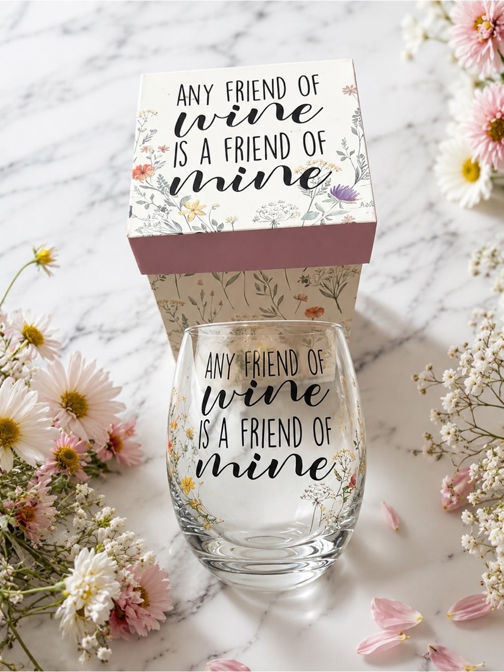 MACY’S 17 oz Stemless Wine Glass & Gift Box “Any Friend of Wine”